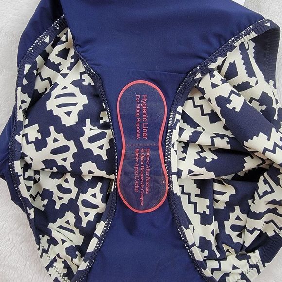 Tory Burch Blue White Tapestry Geometric Cut Out One Piece Swimsuit Size XS - Picture 14 of 14